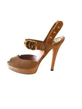 Gucci women’s Tan Leather & Suede Platform Heels With GG Logo Accent And Adjusta